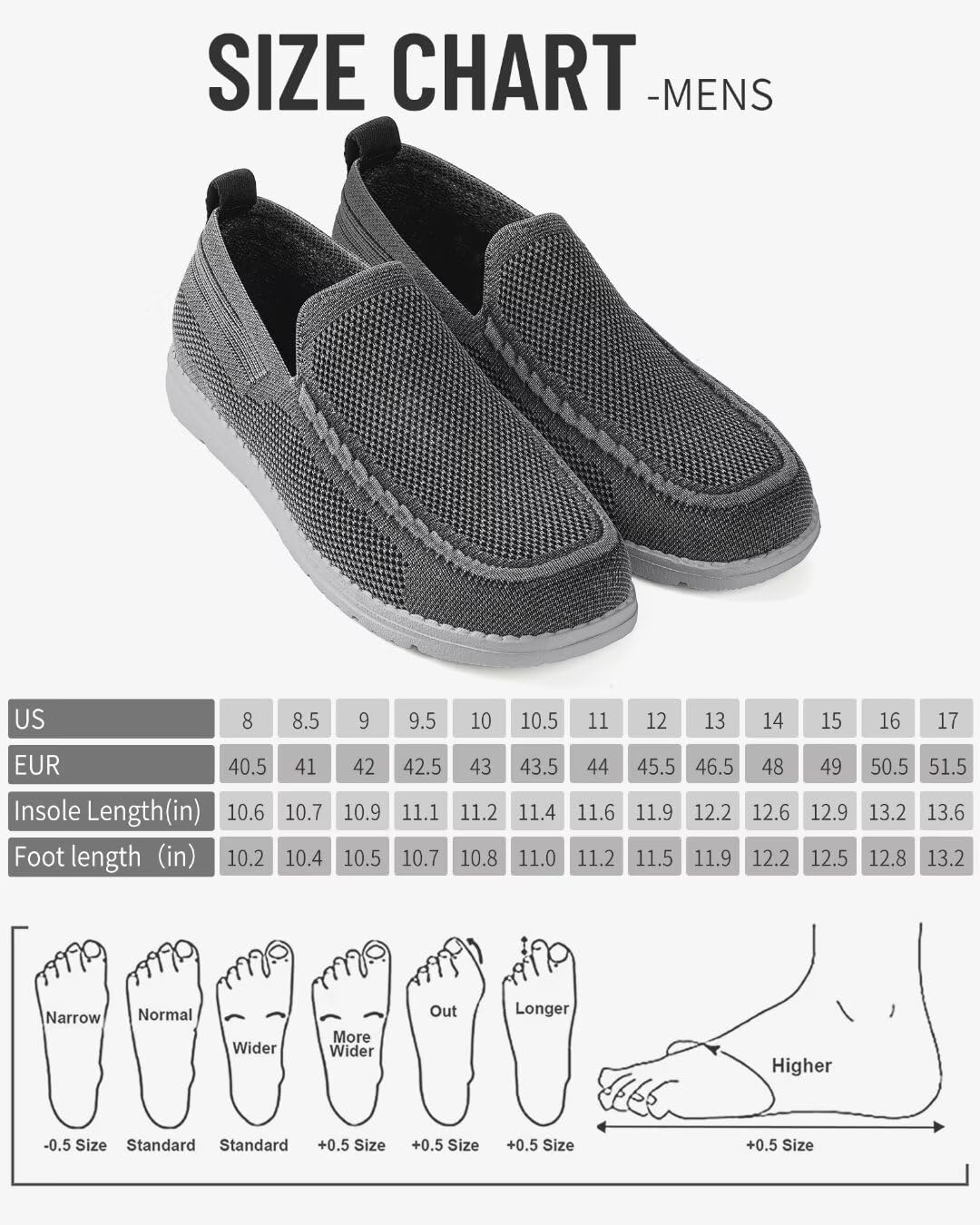 Men Wide Width Slip On Shoes Loafer with Arch Support Insoles Men Casual Shoes
