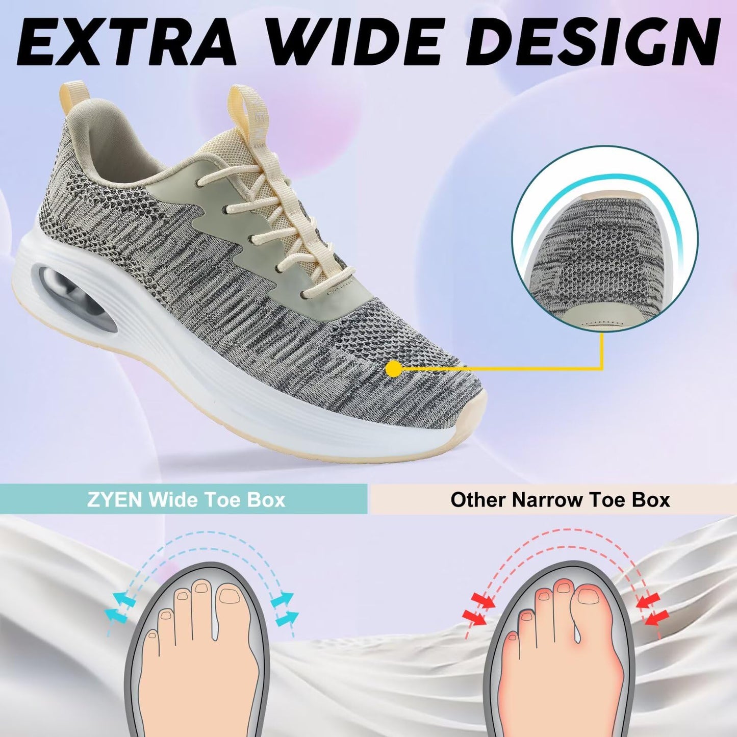 Wide Toe Box Shoes Women Air Cushion Road Running Shoes Extra Wide Width Sneakers