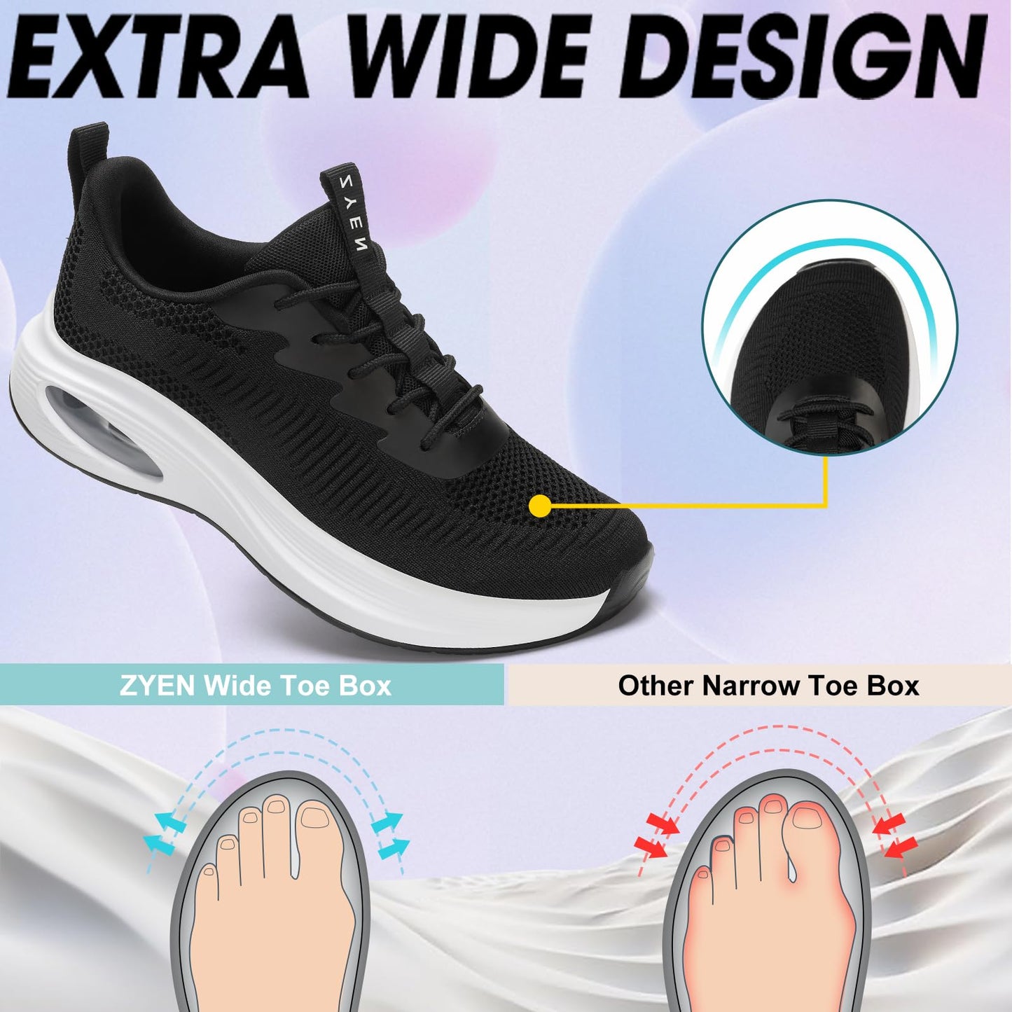 Wide Toe Box Shoes Women Air Cushion Road Running Shoes Extra Wide Width Sneakers