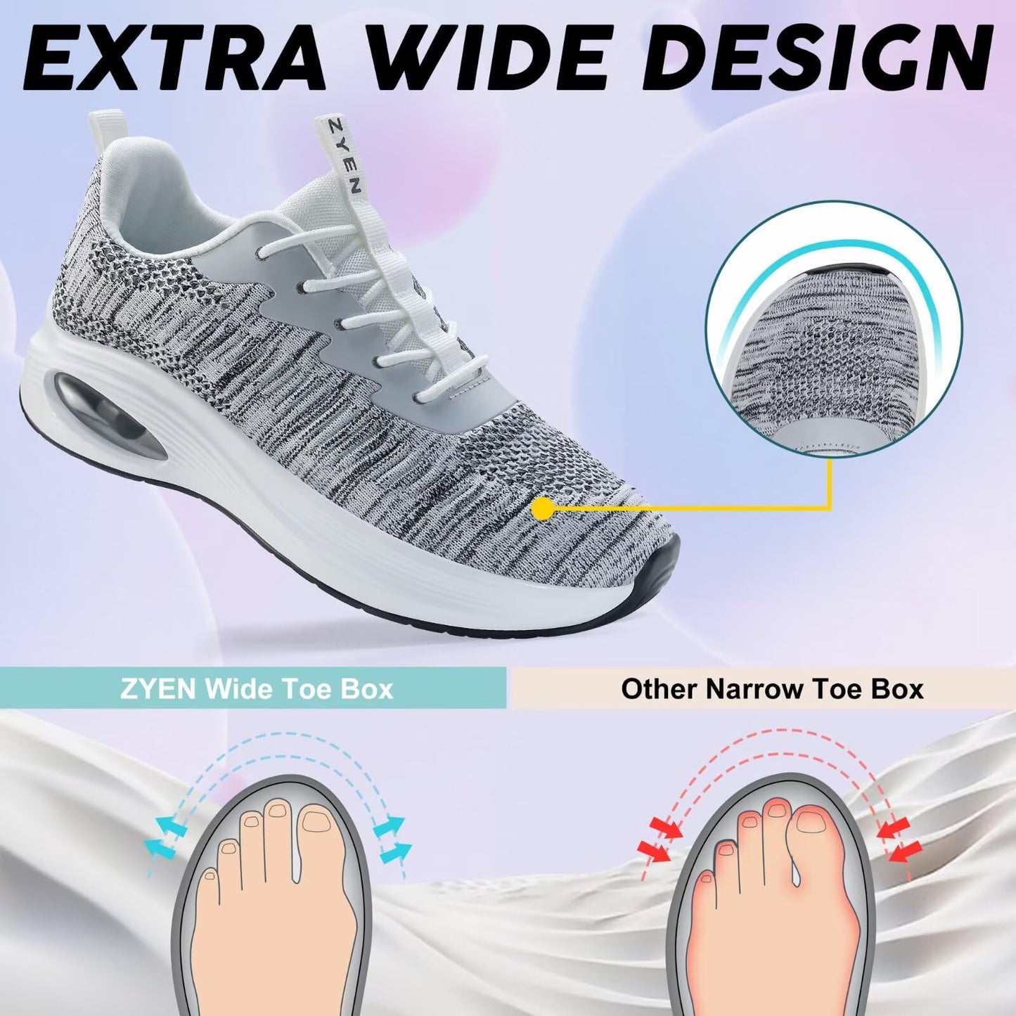 Wide Toe Box Shoes Women Air Cushion Road Running Shoes Extra Wide Width Sneakers