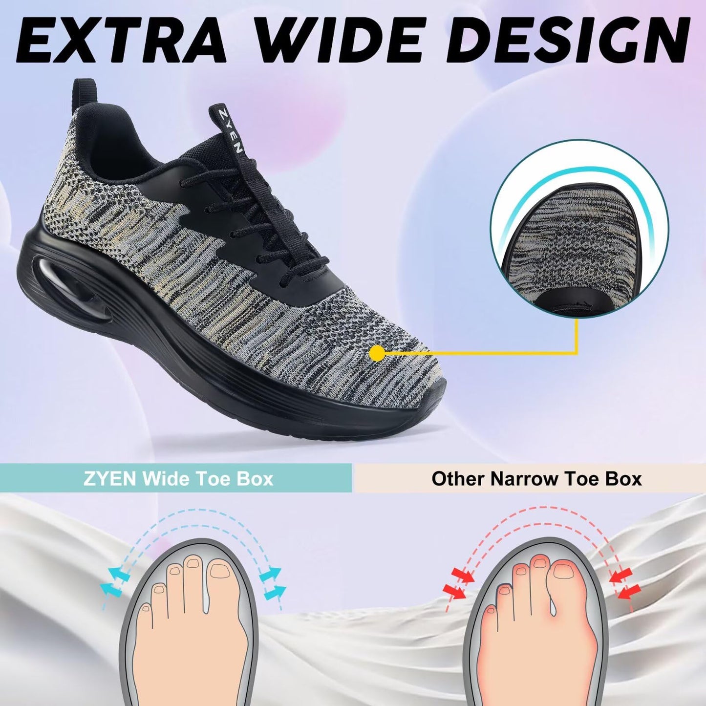 Wide Toe Box Shoes Women Air Cushion Road Running Shoes Extra Wide Width Sneakers