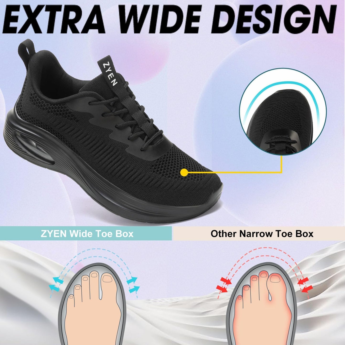 Wide Toe Box Shoes Women Air Cushion Road Running Shoes Extra Wide Width Sneakers