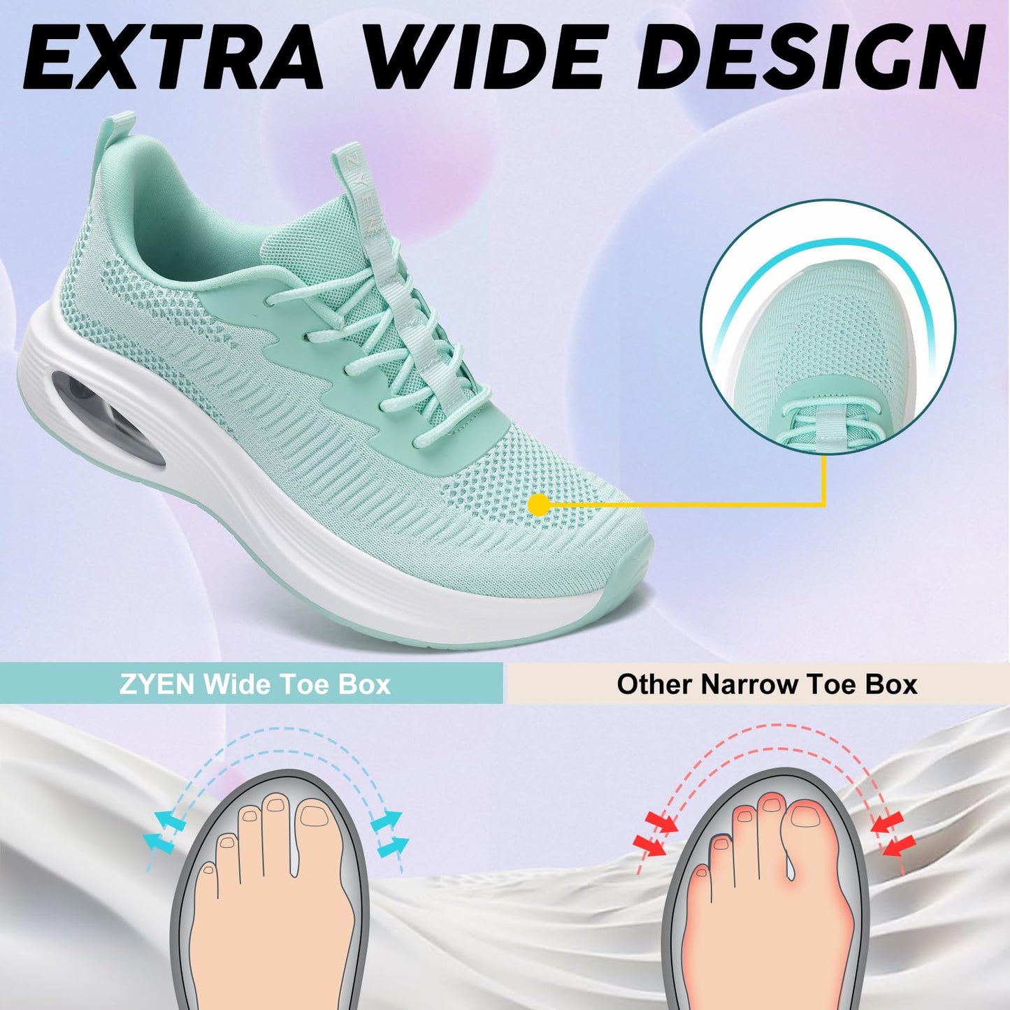 Wide Toe Box Shoes Women Air Cushion Road Running Shoes Extra Wide Width Sneakers