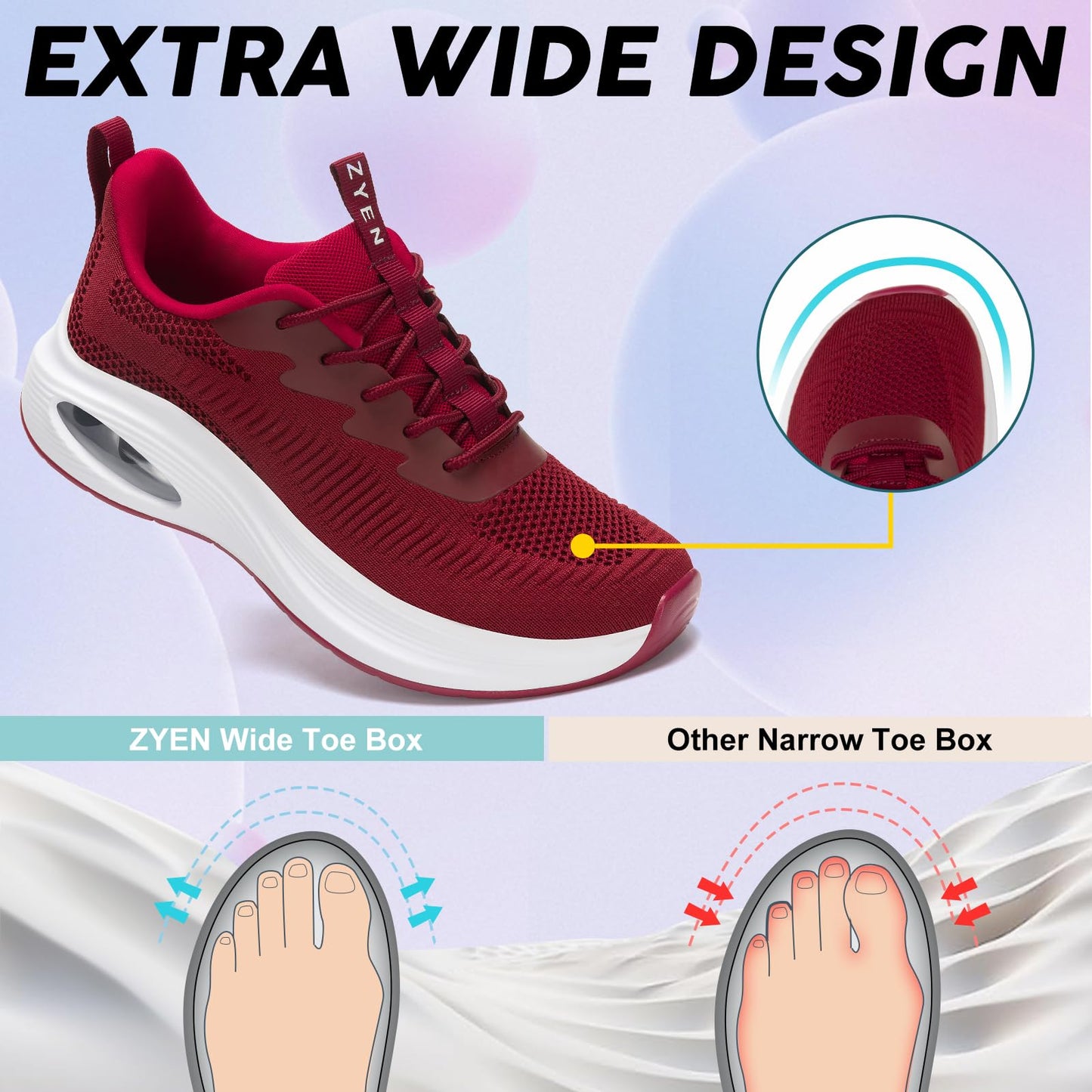 Wide Toe Box Shoes Women Air Cushion Road Running Shoes Extra Wide Width Sneakers