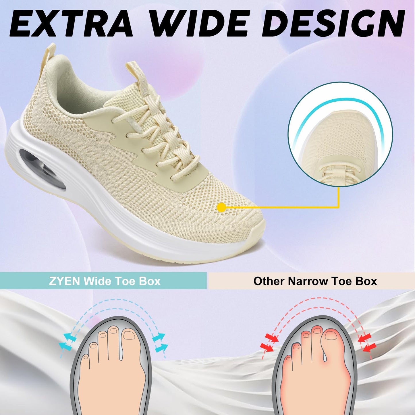 Wide Toe Box Shoes Women Air Cushion Road Running Shoes Extra Wide Width Sneakers